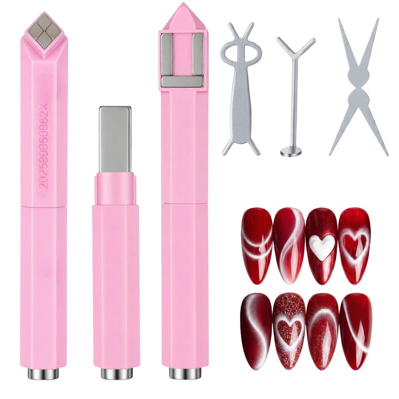 Hadnves 4PCS Cat Eye Magnet Set for Nails 3-in-1 Cat Eye Magnet Pen Heart Cat-Eye Magnetic Tool Cat-Eye Gel Polish Nail Magnets for Beginner Nail Artists Various Creative Patterns Fit Home Salon DIY