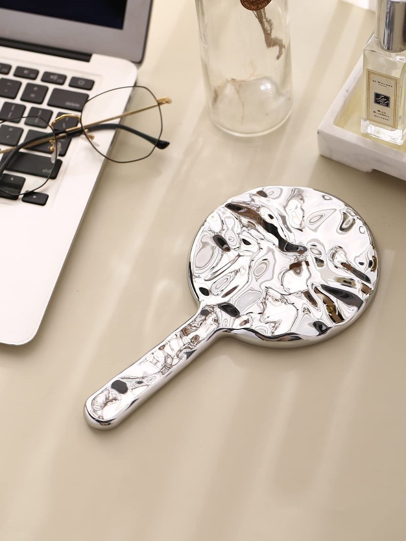 MIRRORNOVA Handheld Mirror, Water Ripples Hand Mirror with Handle for Make up, Round, Silver, Medium (4 x 8.7 inches)