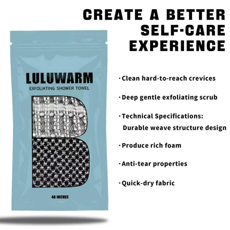 LULUWARM Exfoliating Shower Towel, Quick-Dry Double-Sided Body Scrubber, Oversized 48"x12" Extra Long to Clean Back & All Hard-to-Reach Spots, Gentle for All Skin,Black