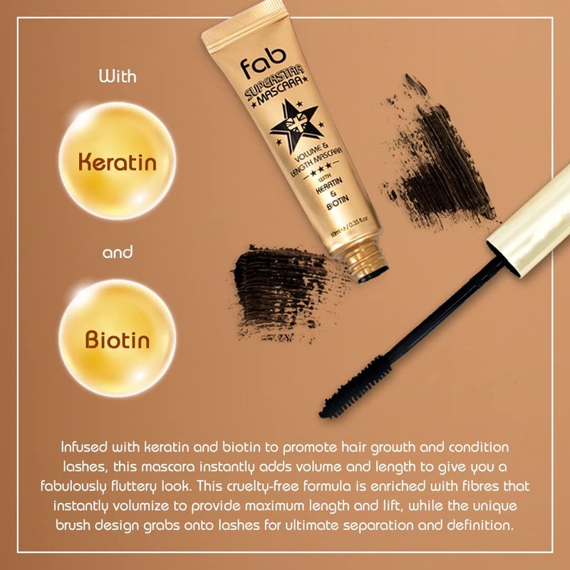 Fab Superstar Mascara - Waterproof Volumizing Mascara for Bold Length & Lift | Black, 10ml - Infused with Keratin & Biotin