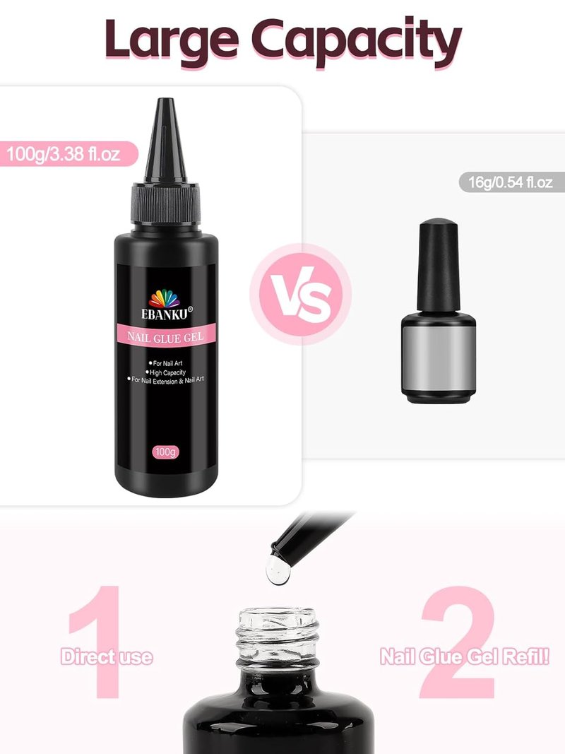 100g/3.52oz Gel Nail Glue, EBANKU Press on Nails Glue for Acrylic Nail Tips Super Strong Solid Soft Gel for Fake Nails Extension, Long Lasting, UV Lamp Required, High Capacity, Pointed Bottle Nozzle