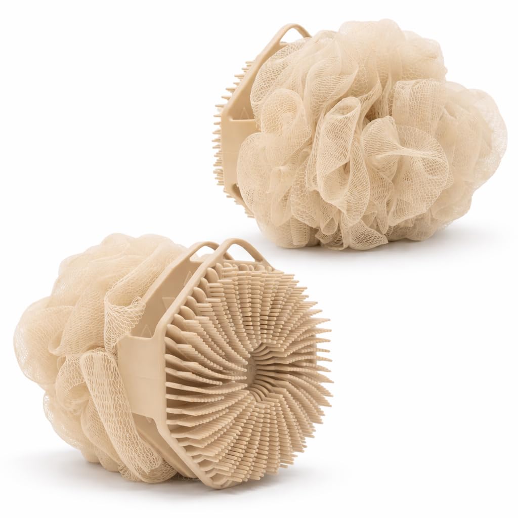 2-in-1 Silicone Body Scrubber & Mesh Loofah Sponge – Exfoliating Silicone Shower Scrubber with Soft Loofa Puff, Silicone Bristles, Non-Slip Grip, Quick Dry, Hygienic Body Scrubber for Women & Men