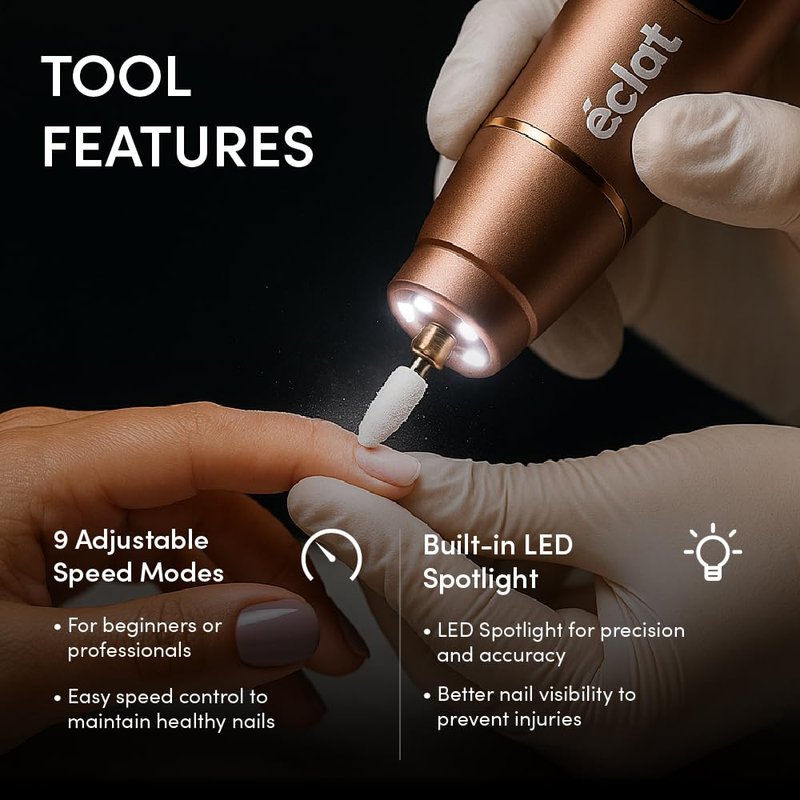 ÉCLAT Cordless Nail Drill, Professional Portable E-File for Gel & Acrylic Removal, Rechargeable Manicure Set with Charging Stand & LED Light, Quiet 13,000 RPM Electric File for Home, Travel, White