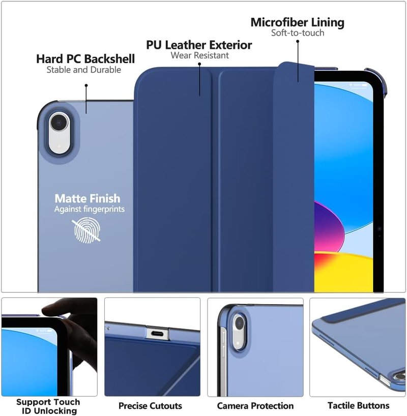 MoKo iPad Case - Slim Hard PC Translucent Cover for 11" (A16) & 10.9" (10th Gen) - Navy Blue