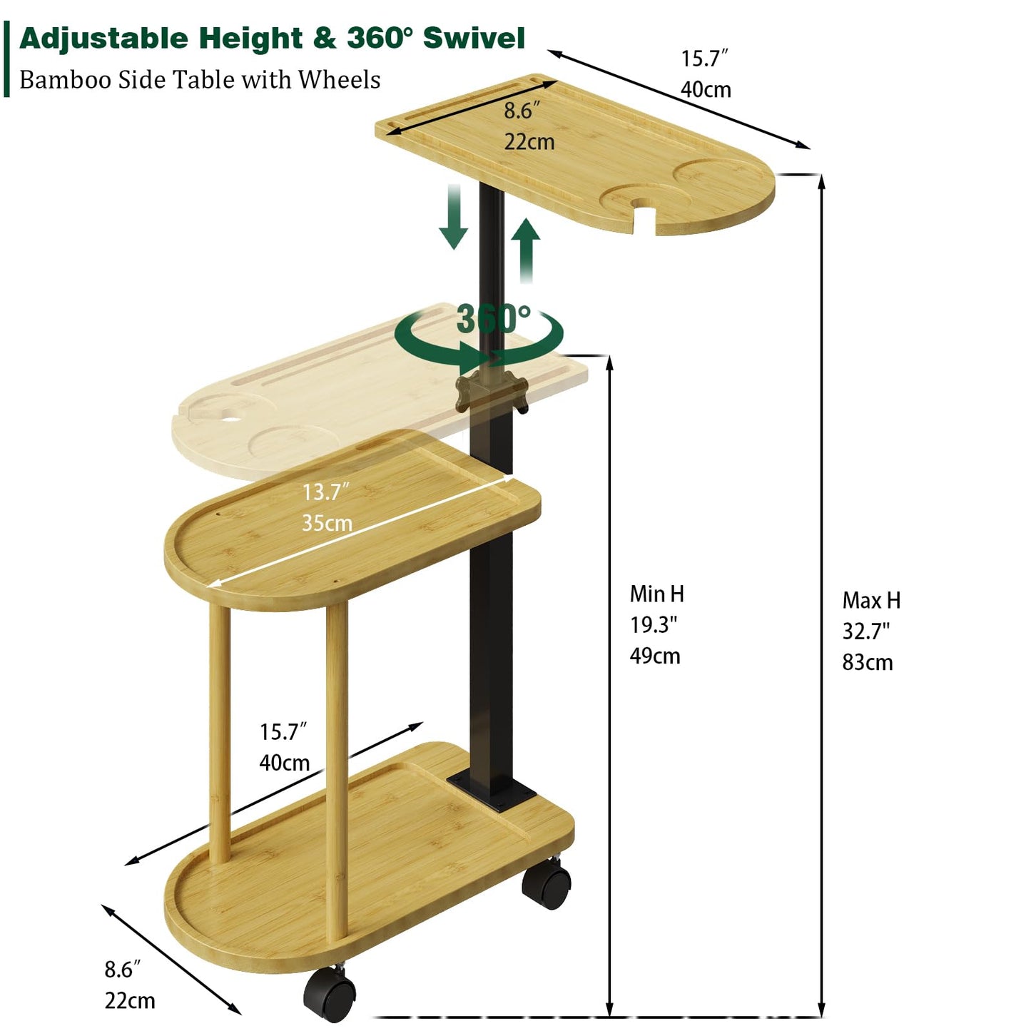 Welfuturer Bamboo 3 Layer Rotating Bathtub Tray Table, Adjustable Height Freestanding Caddy Shelf for Plants & Bath Essentials,Spa Side Table for Tub,Multifunctional Bamboo Stand Organizer,Natural