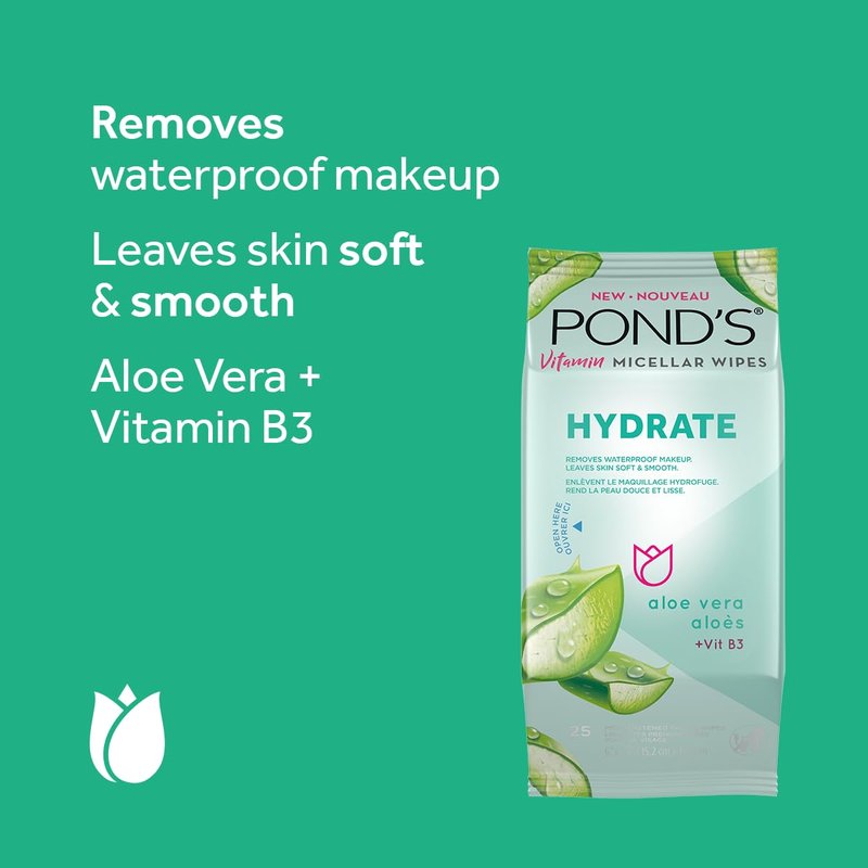 Pond's Vitamin Micellar Wipes - Hydrating Aloe Vera for Dry Skin | 25 Wipes (Pack of 2)