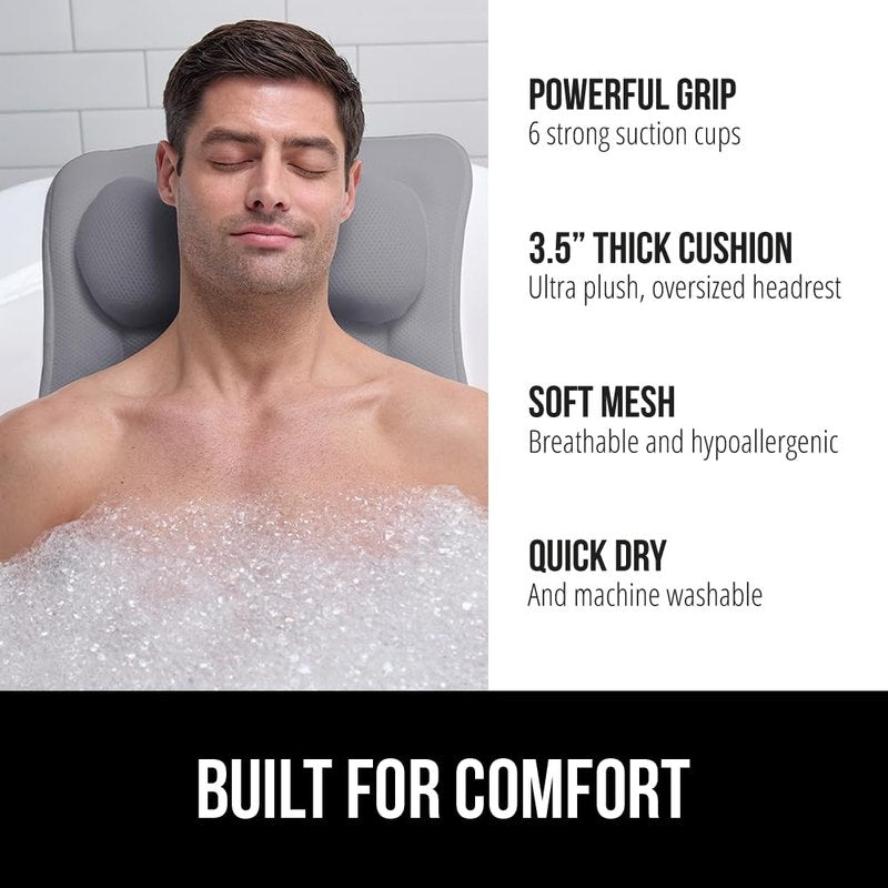 GORILLA GRIP Bath Pillow for Tub, 6 Strong Suction Cups, 4D Mesh FlexComfort Headrest for Neck, Head and Back Support, Luxury Machine Washable Pillows, Bathtub Accessories, Spa Gifts for Mom, Gray