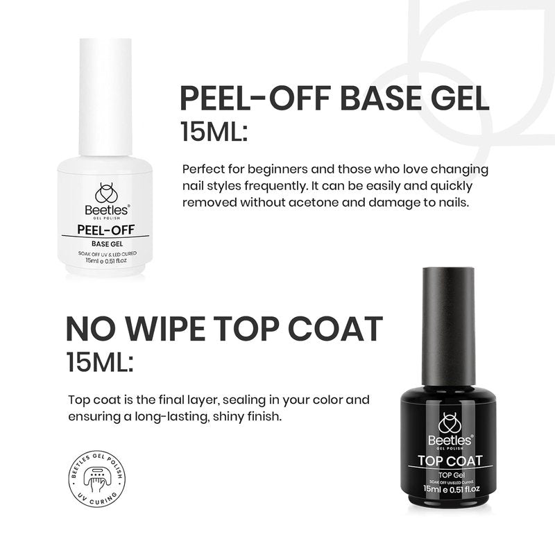 Beetles Peel Off Gel Nail Polish Set - 2Pcs 15ml Base & Top Coat for Easy Removal | Perfect for Beginners