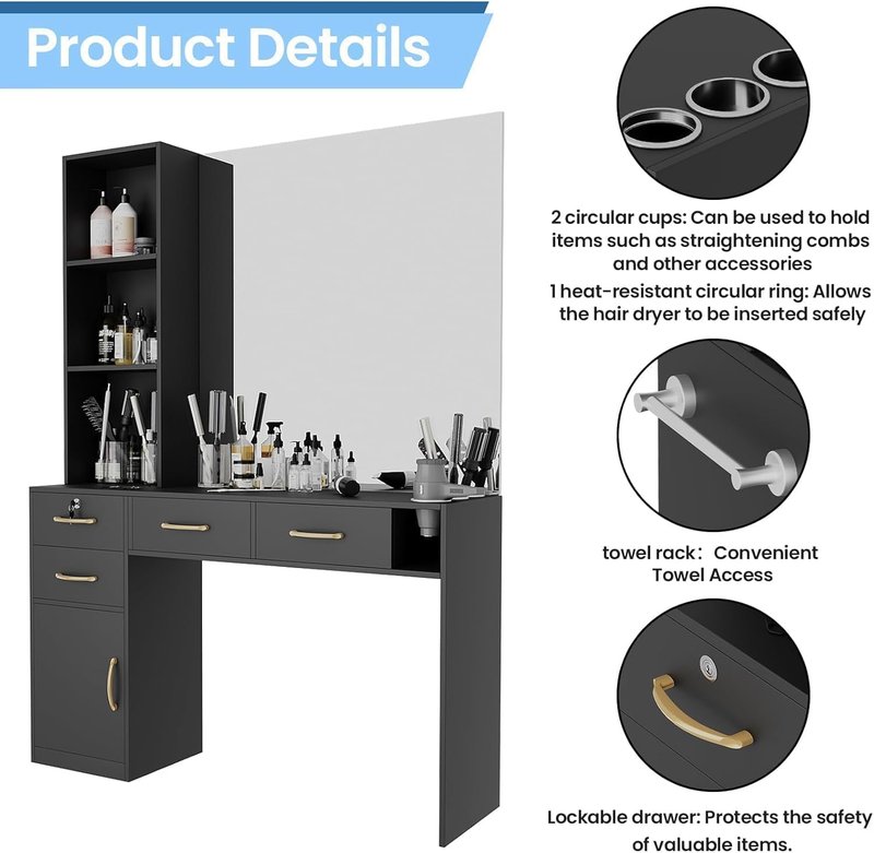 Skiennix Barber Station - Modern Hair Stylist Desk with 4 Drawers, Cabinet & Blow Dryer Holder
