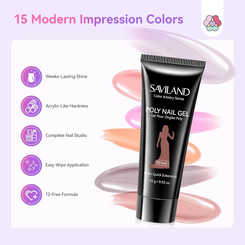 SAVILAND Poly Extension Gel Nail Kit - 15 Hema-Free Colors | Long-Lasting UV Light & Slip Solution for DIY Nail Art