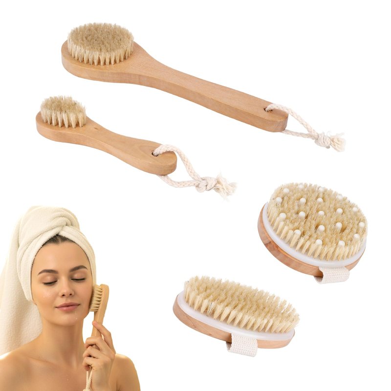 Dry Brush Set-4 Packs Natural Boar Bristle Dry Brushing Body Brush Exfoliating, Face, Foot, Bath Brush for Face and Body for Cellulite Lymphatic Drainage(Set A)