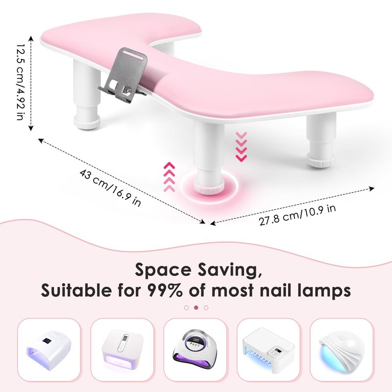 LIONVISON Arm Rest for Nails Tech: U Shaped Adjustable Height Ergonomic Nail Hand Rest Stand PU Leather with Rotating Phone Holder for Nail Salon Manicurist (Pink)