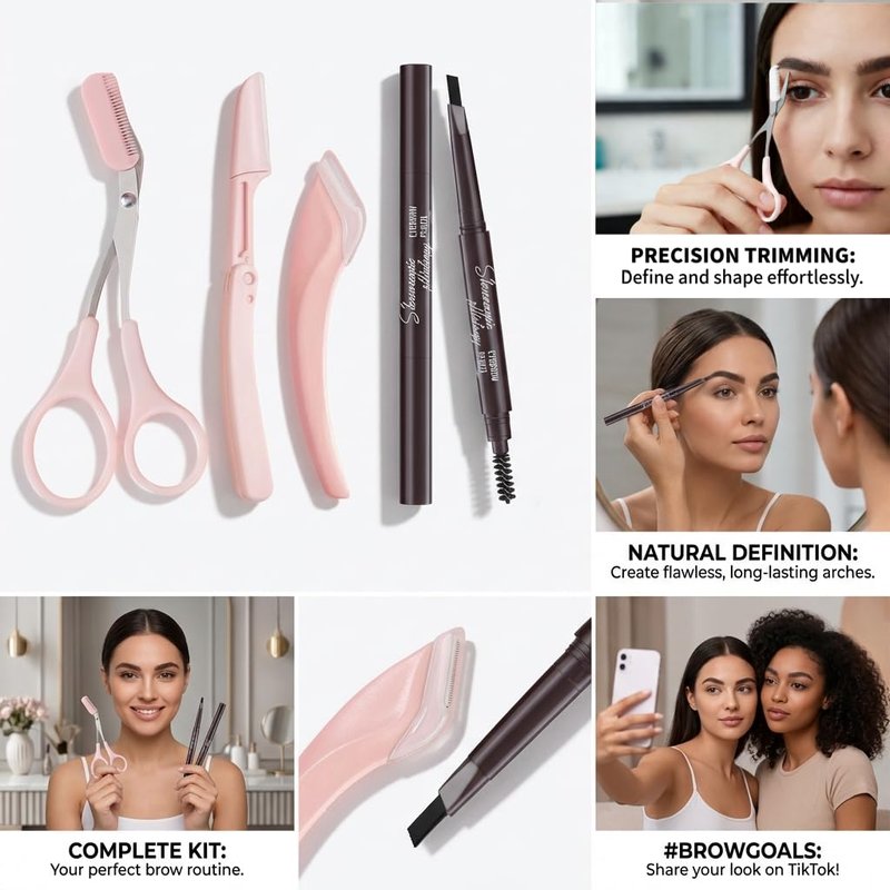 4-in-1 Brow Shaping Kit - Eyebrow Trimming, Shaping & Defining Set with Scissors, Razors, Pencil - Travel-Friendly, Beginner-Friendly