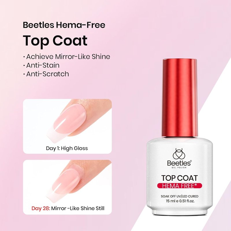 Beetles HEMA-Free Gel Top Coat & Builder Gel - Hypoallergenic, Low Heat, 15ml Clear Polish
