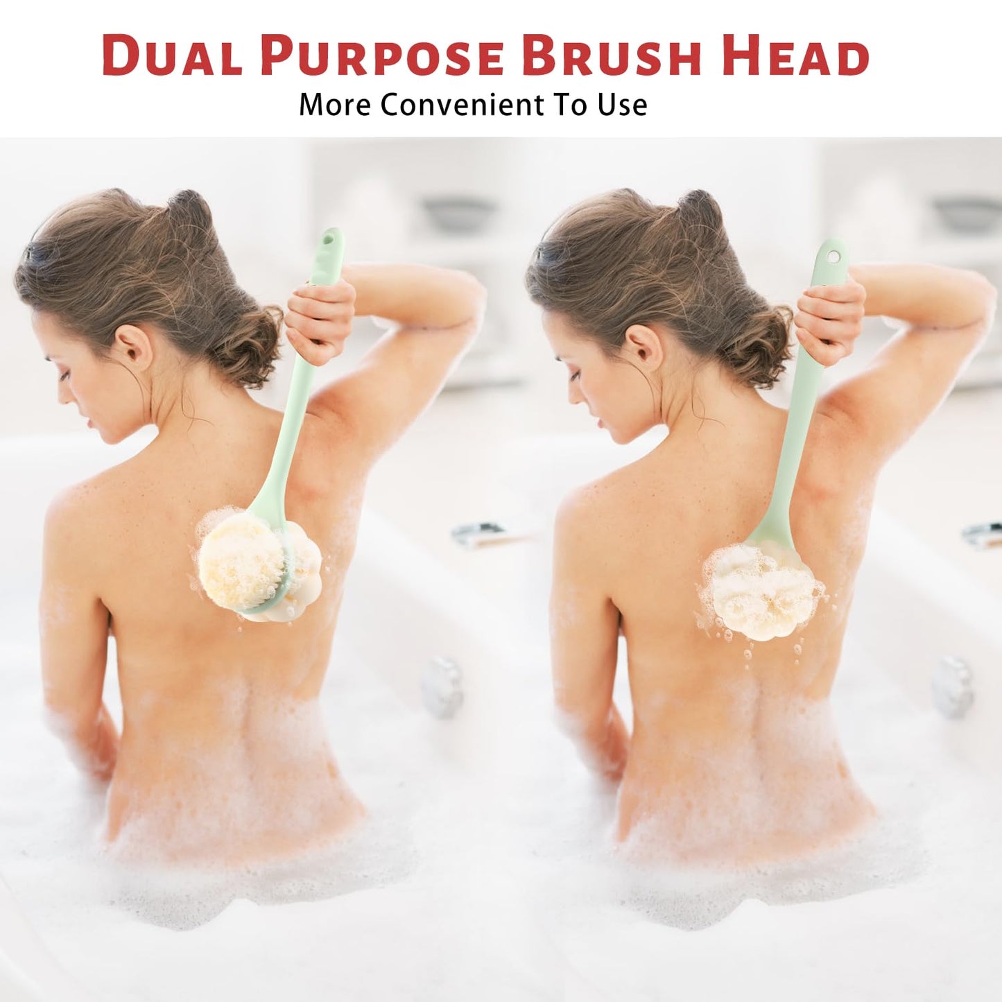 2 Pcs Double Sided Bath Brush Long Handled Shower Brush Massage Body Cleaning Mesh Sponge with Soft Bristles and Loofah for Skin Exfoliating Bath - Green