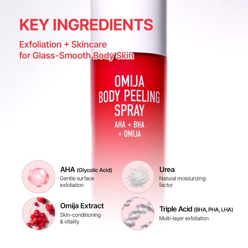 PARNELL AHA Omija Ceramic Body Peeling Spray – AHA BHA PHA Body Exfoliant for Keratosis Pilaris, Strawberry Legs, Dark Spots & Dead Skin Remover – Chemical Exfoliant, Rough Skin 4.60 fl.oz