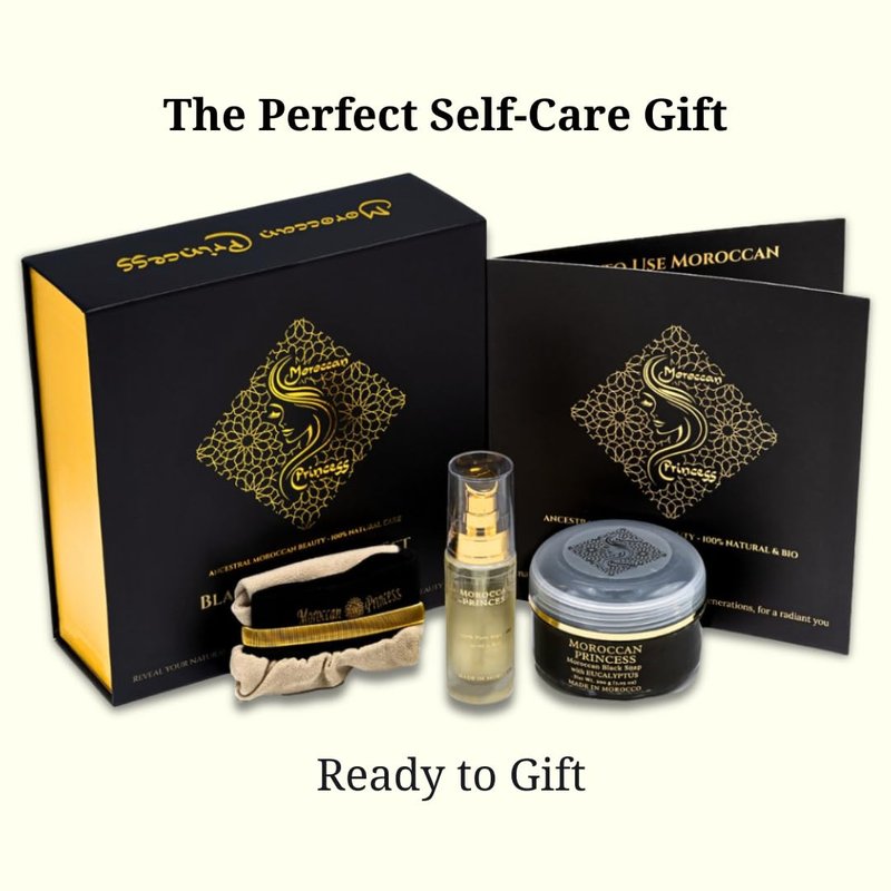 Moroccan Princess Moroccan Black Soap Set – Authentic Hammam Ritual Kit with Argan Oil & Kessa Exfoliating Glove – Exfoliating Body Scrub – Self Care & Gift Set – 200ml