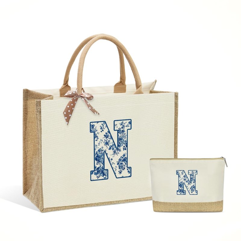 Monogrammed Tote Bags for Women, Initial Tote Bag, Personalized Bags for Women, Personalized Birthday Wedding Gift for Womens Friends Wife Mom Brides Monogram N Bag and Makeup Pouch With Zipper