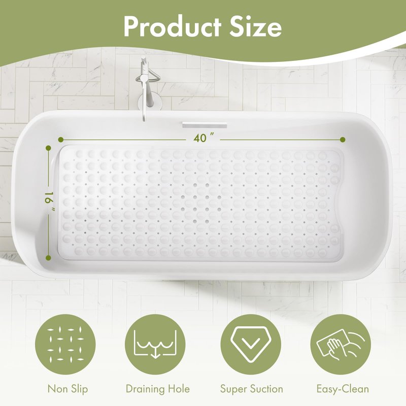 AmazerBath Shower Mat Non Slip 40 x 16 Inches, Shower Stall Mats with Suction Cups and Drain Holes, Non Slip Bath Mat for Tub for Elderly & Kids, White