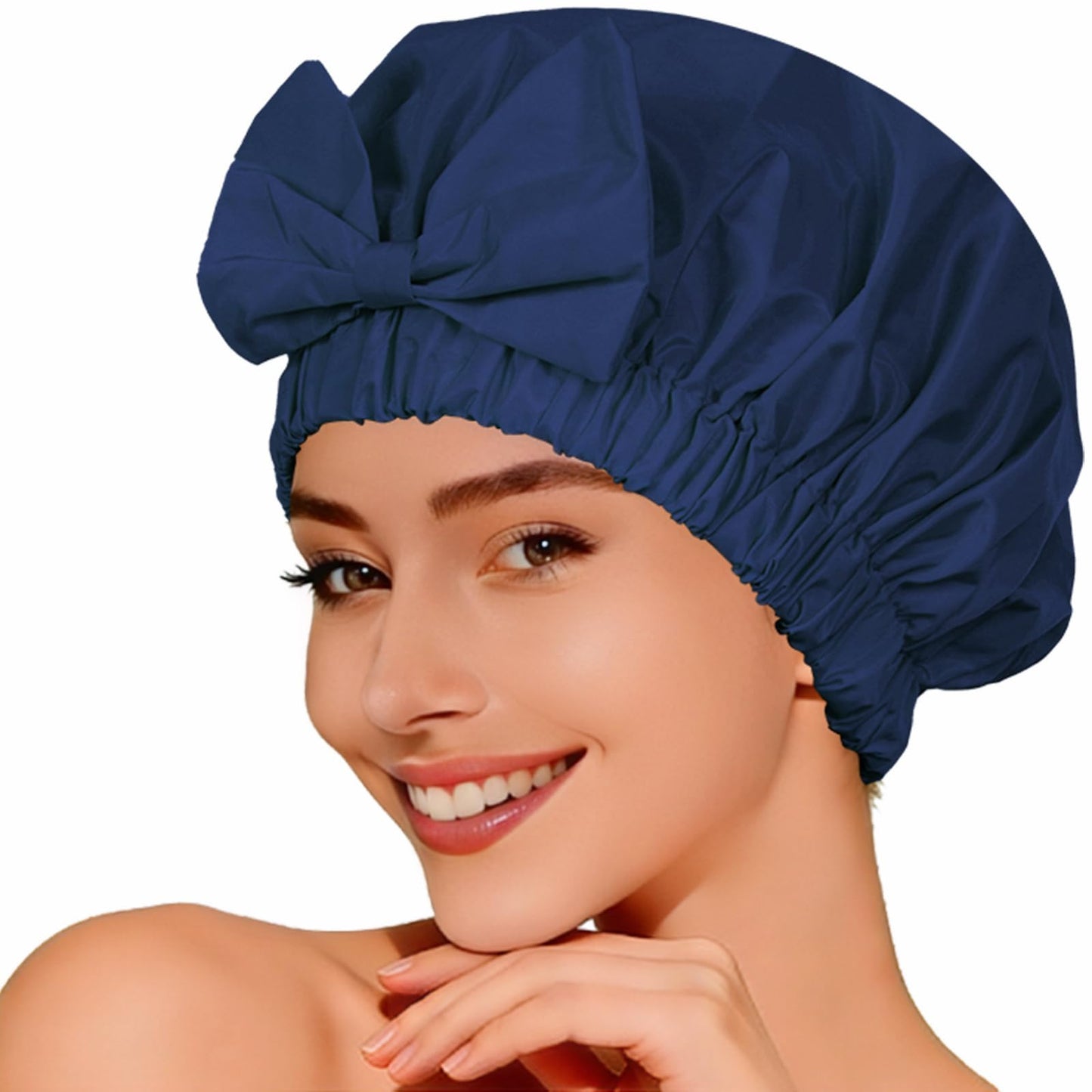 Shower Cap for Women, Cute Bow Waterproof Reusable Bath Cap, Non-Slip Anti Humidity, Roomy Anti-Frizz for Short Medium Wavy Hair, Soft Elastic & Machine Washable, Navy Blue