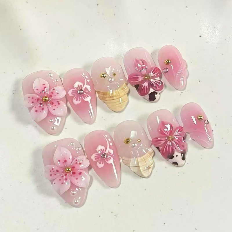 French Tip Press On Nails Pink Cherry Blossom - 3D Floral Almond Fake Nails with Cow Print, Pearl & Rhinestone, Reusable Glitter False Nails for Women Wedding Party Daily (30PCS)