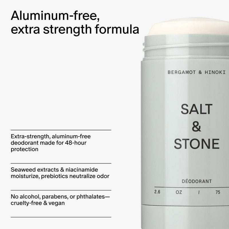 Salt & Stone Aluminum-Free Deodorant - Extra Strength 48-Hour Protection for All | Seaweed Extracts & Niacinamide | Bergamot & Hinoki | Pack of 2