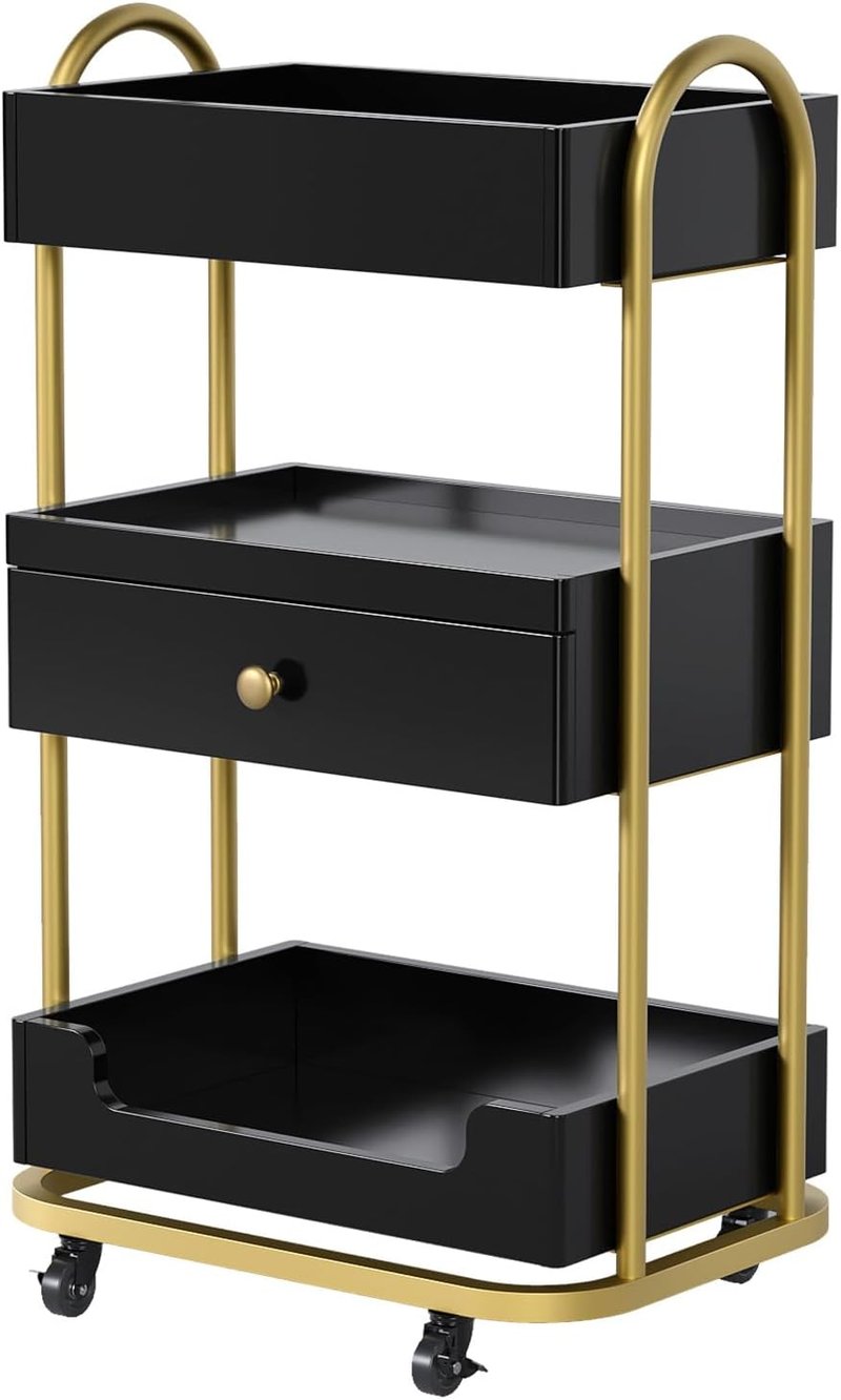 OmySalon Salon Trolley Cart - Mobile Hair Styling Station with 3 Trays & 1 Drawer | Black