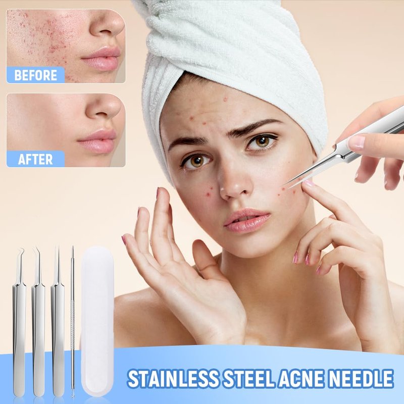 Jurfest 7 Piece Set Blackhead Extraction,Stainless Steel Blackhead Remover, Professional Facial Blackhead Remover Tweezers