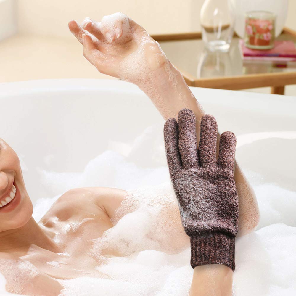 MIG4U Heavy Exfoliating Shower Gloves for Bath, Premium Nylon Body Wash Bathing Gloves for Men Women Spa, Massage and Skin Scrub, Dead Skin Remover with Hanging Loop, Brown,Regular Size