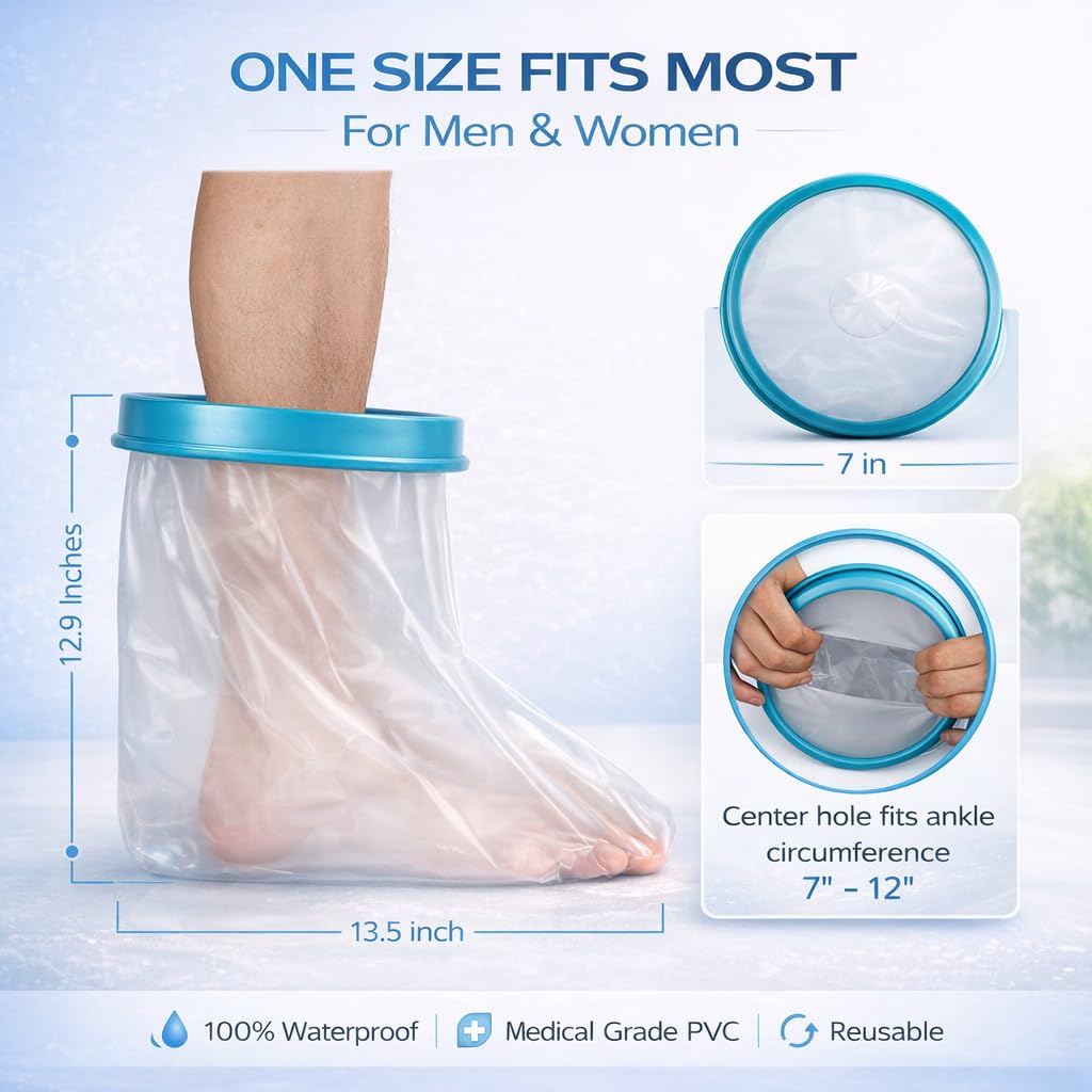 Waterproof Foot Cast Cover for Shower, Reusable Ankle Cast Protector for Adults, Watertight Shower Boot After Surgery, Foot Wound Bandage Dressing Guard, Latex-Free Medical Grade [2026 Upgrade]