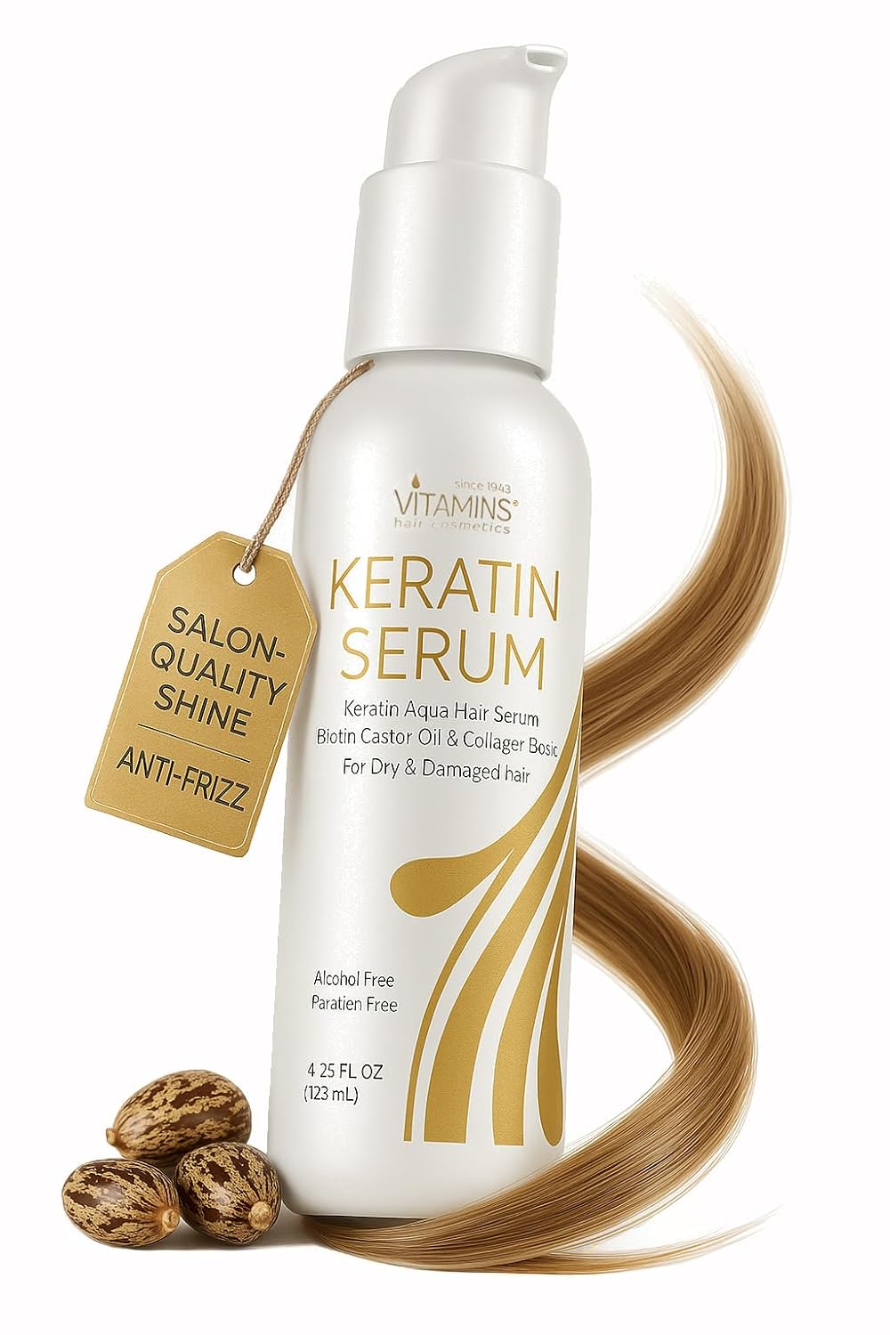 VITAMINS Keratin Hair Serum - Anti-Frizz Heat Protectant & Shine Treatment for Dry Hair | 4.25 fl oz (125mL)
