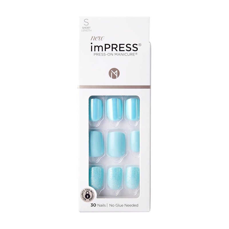 Kiss Impress No Glue Press-On Nails - 'Rain Check' Blue Squoval Design | Short Size, 30 Nails & Accessories
