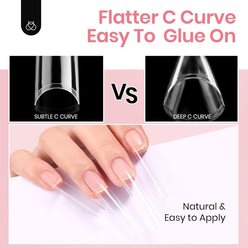 Beetles Gel Nail Tips - XXL Extra Long Square Acrylic Nails | 288 PCS, 12 Sizes, Clear Half Cover Tips