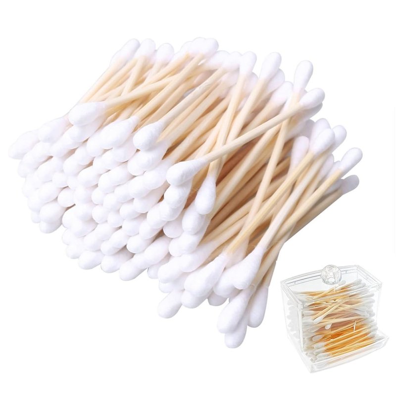 RIKWOG Cotton Swabs - 900 Count Bamboo Sticks with Clear Dispenser | Wooden Handles for Ears & Makeup
