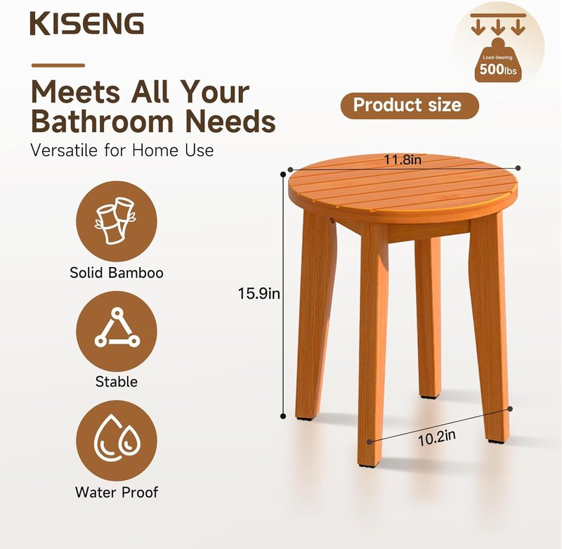 Skiennix 16-Inch Bamboo Shower Stool - Waterproof Bathroom Chair with Corner Design (Honey Bamboo, XL)