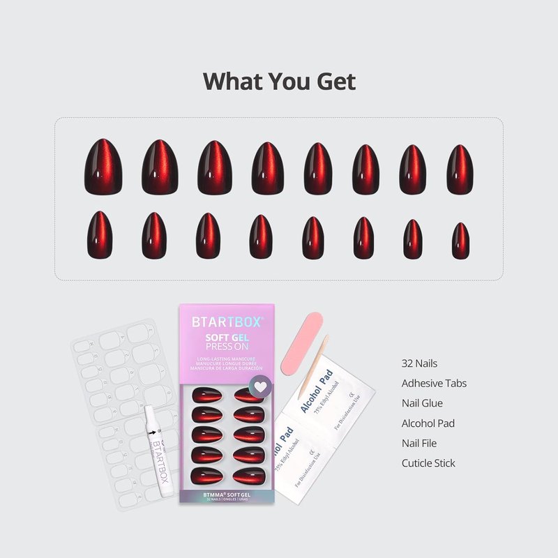 Press On Nails - Vampire's Gaze Deep Red Cat Eye Almond | 32 Glossy Stick On Nails in 16 Sizes for Halloween