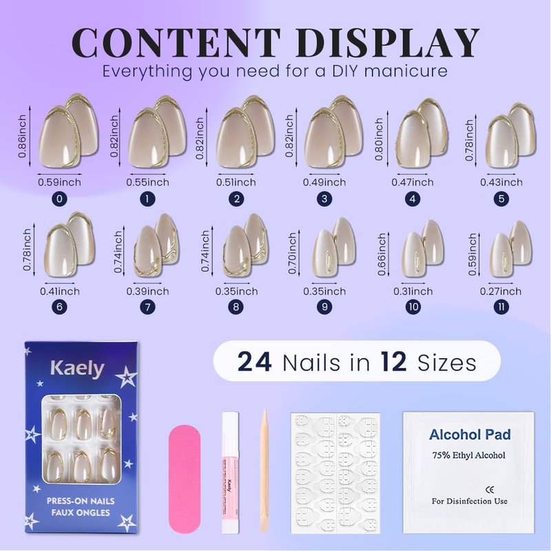Nude Cat Eye Press-On Nails - Short Almond Shape with Gold Liner Design | Reusable Soft Gel Fake Nails for Women