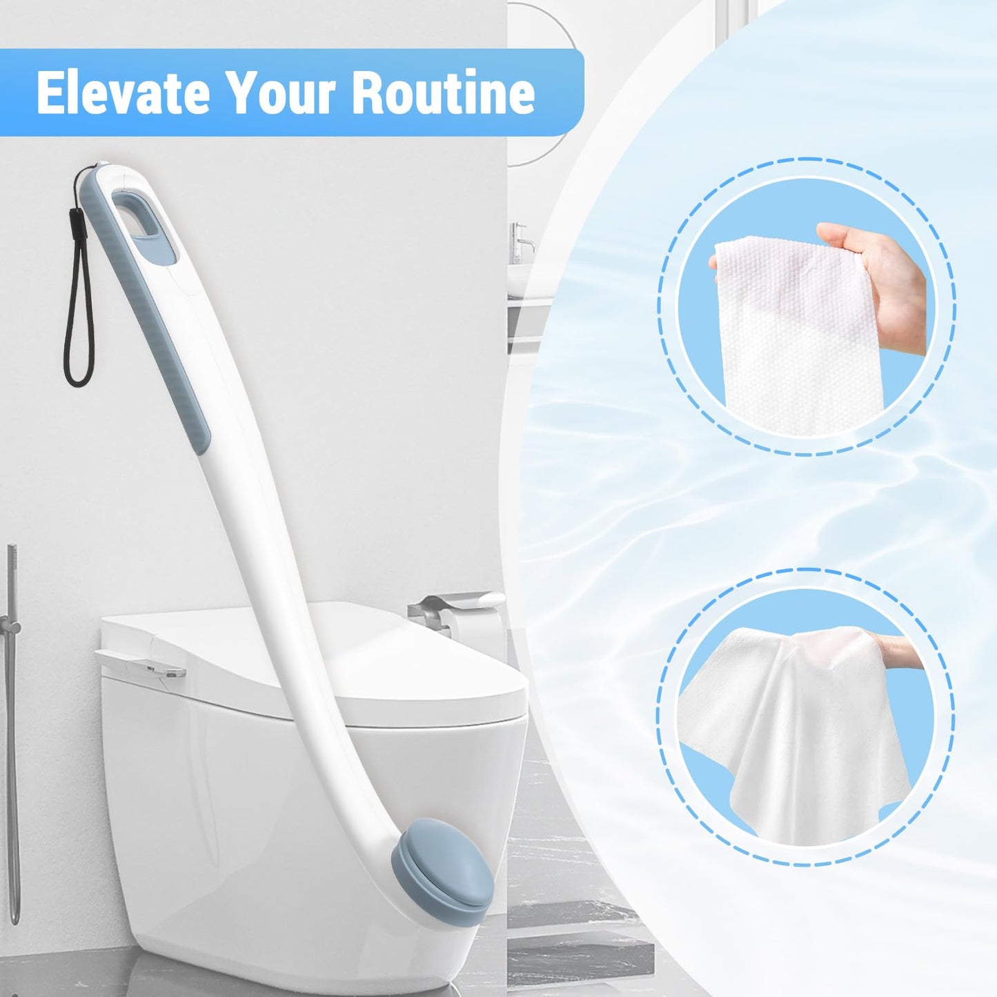 Chonario Toilet Aids for Wiping Bottom, 16.5" Long Reach Comfort Wipe - Butt Wiper Tool with Replaceable Head & Wrist Strap - Bottom Buddy Wiping Aid for Elderly, Disabled, Overweight, Post-Surgery