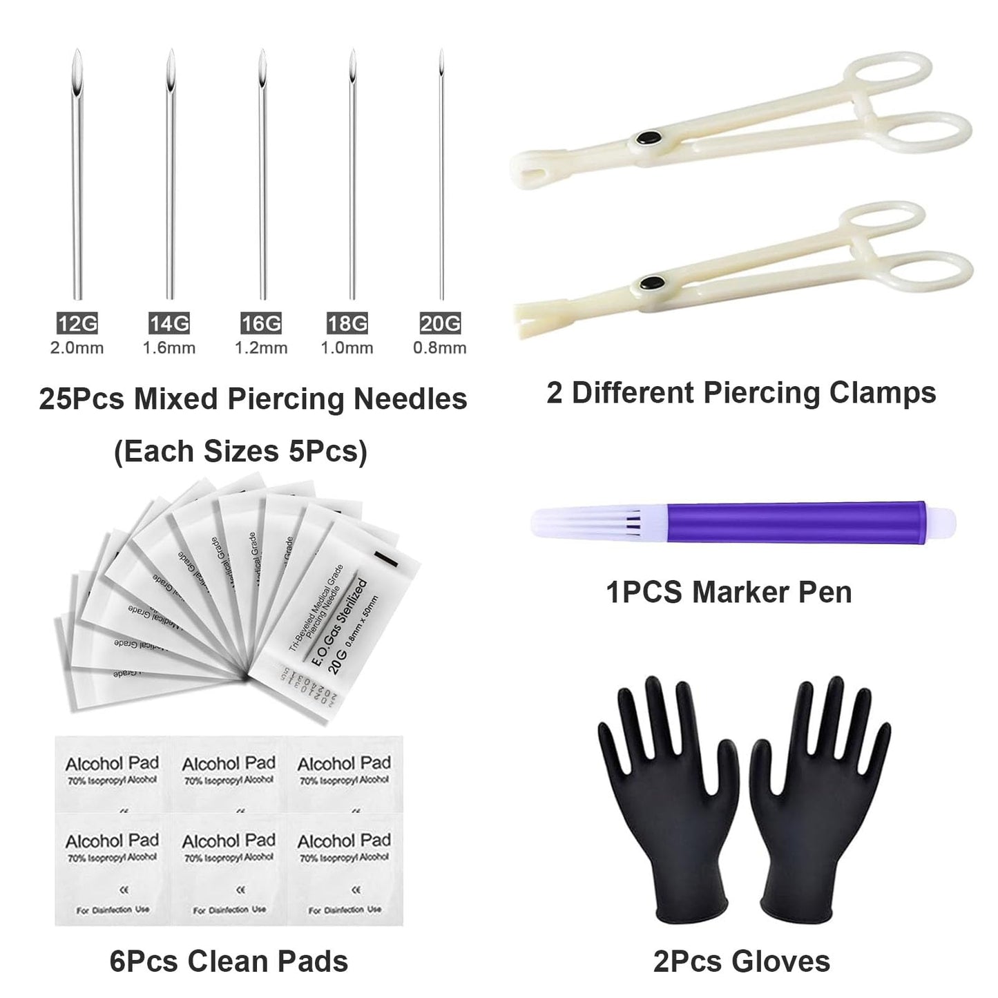 judero Piercing Kit 36Pcs Piercing Clamps Kit with 25Pcs Mixed 12G 14G 16G 18G 20G Ear Nose Piercing 2Pcs Piercing Clamps Forceps 6Pcs Clean Tools 2Pcs Gloves 1Pc Marker Pen for Piercing Tool