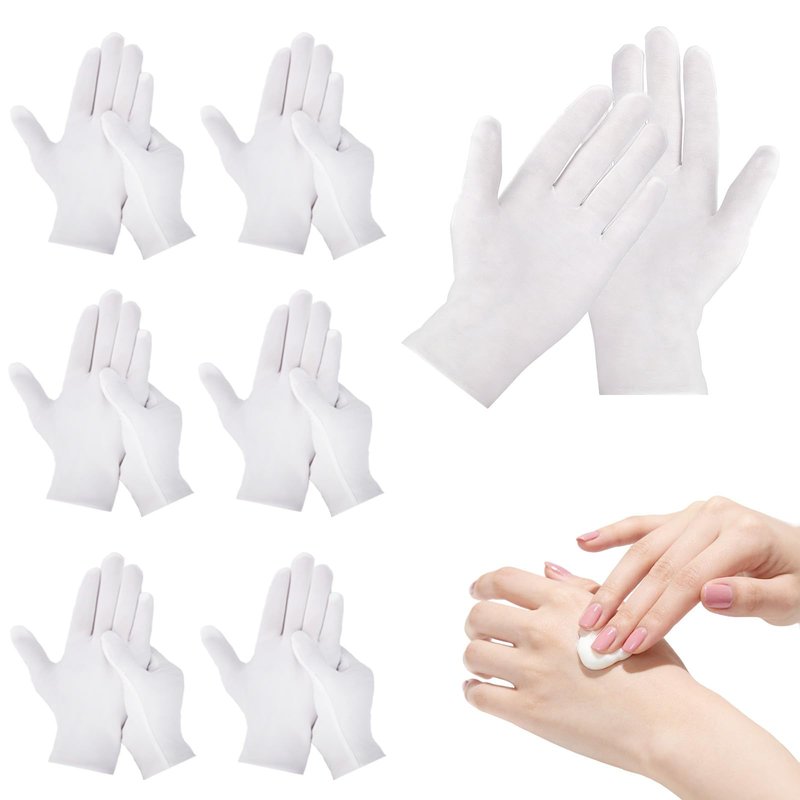 12-Pack White Cotton Gloves, for Dry Hands Sleeping Eczema Care and Night-Time Moisturizing, Unisex Soft Sleep Elastic SPA Glove Set, Arts Crafts, Wedding, Halloween Costumes, Jewellery Inspection