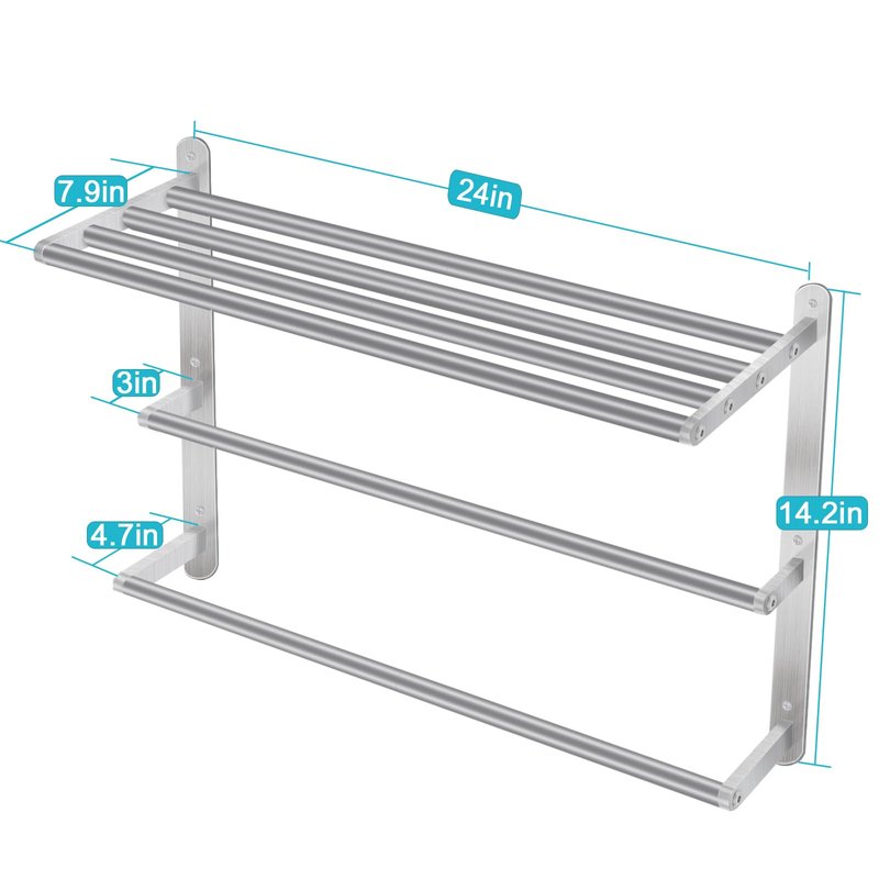 24 inch Towel Racks for Bathroom, VOTZAAQ Towel Shelf with Double Towel Bar, Stainless Steel Towel Storage for Lavatory Wall Mounted, 3-Tier Towel Hanger Towel Holder, Brushed Nickel