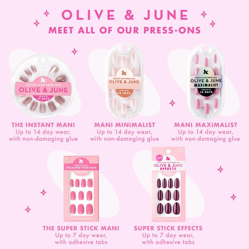 Olive & June Minimalist Instant Mani Press On Nails (Glue) | 42 Fake Nails, 21 Sizes | Non-Toxic, Long-Lasting Barely-There Look | Salon-Quality at Home | Medium, Oval | Rose Gradient Shimmer