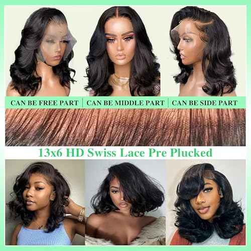 14 Inch Bob Wig Human Hair 13x6 Body Wave Lace Front Wigs Human Hair 200 Density HD Lace Frontal Wigs Short Body Wav Wigs for Women Pre Plucked Natural Black