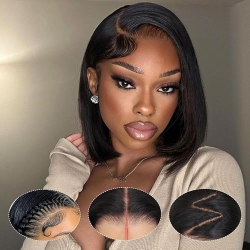 Wear and Go Glueless Bob Wig Human Hair Pre Plucked Pre Cut 4x4 HD Transparent Lace Front Wigs for Black Women Straight Short Bob Wigs Human Hair 180 Dentisty Natrual Color 12 Inch