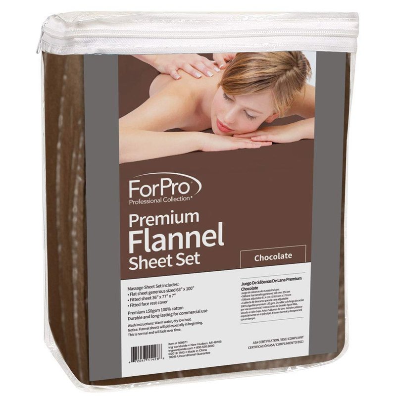 ForPro Premium Flannel 3-Piece Massage Sheet Set, Chocolate, for Massage Tables, Includes Massage Flat Sheet, Massage Fitted Sheet, and Massage Fitted Face Rest Cover