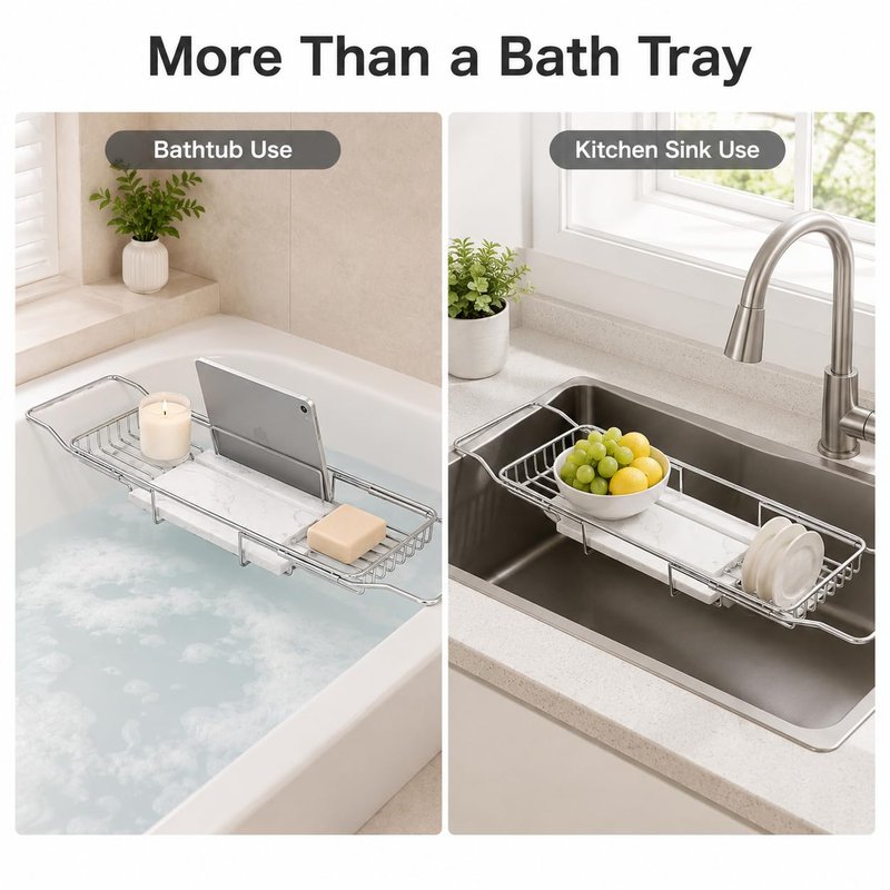 Expandable Bathtub Tray, Stainless Steel Bath Table Tray with Marble Board, Modern Luxury Bathtub Shelf for Bathrooms, Kitchen Sink (Silver+White)