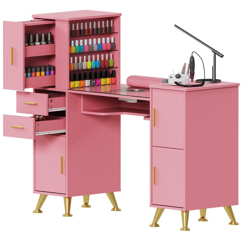 MOMOKOVA Manicure Table with Glass Top, Dust Collector and Storage, Display Shelves, 3 Drawers & 3 Cabinets, Nail Station Nail Desk Beauty Salon Workstation, Pink