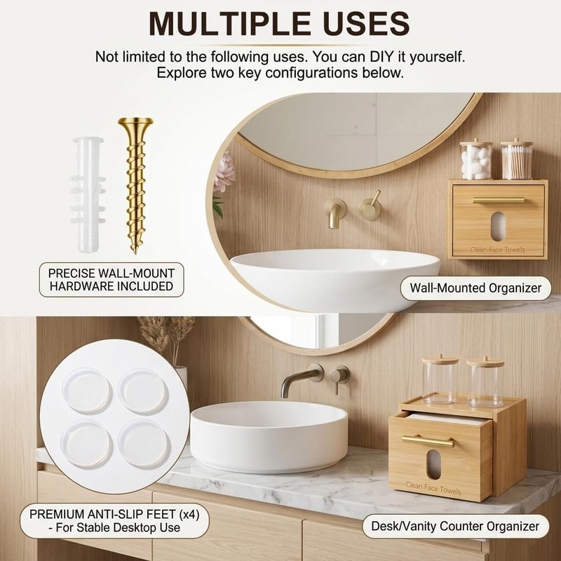 Bamboo Face Towel Holder - Wall Mounted Skincare Organizer with Cotton Swab Box | 60 Disposable Towels Included