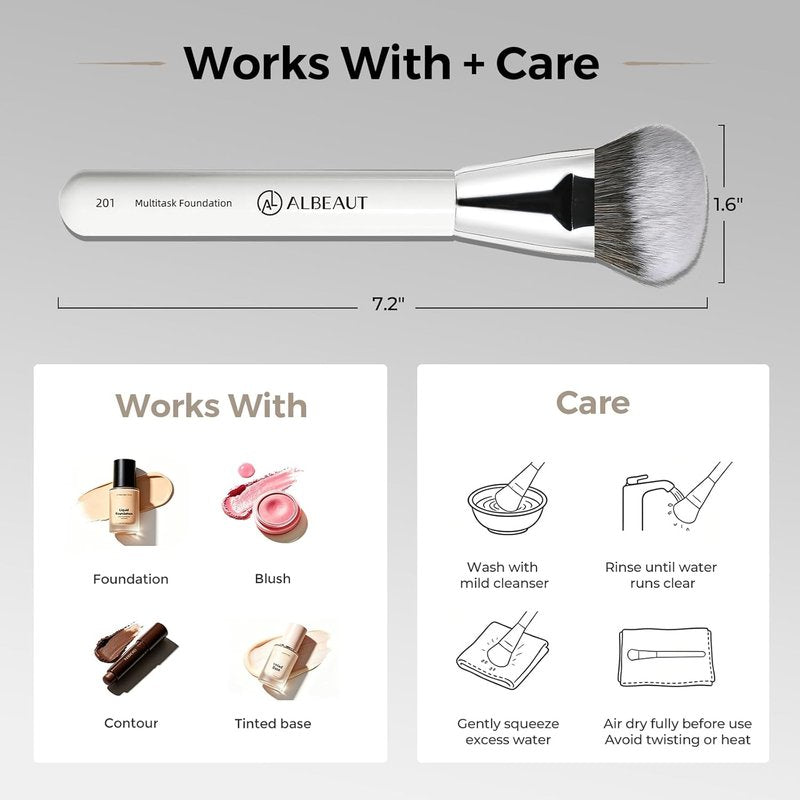 ALBEAUT 201 Angled Foundation Brush for Flawless Makeup Application Professional Liquid, Cream Powder Foundation Brush with Dense Bristles - Contoured for Precise Blending and Buffing