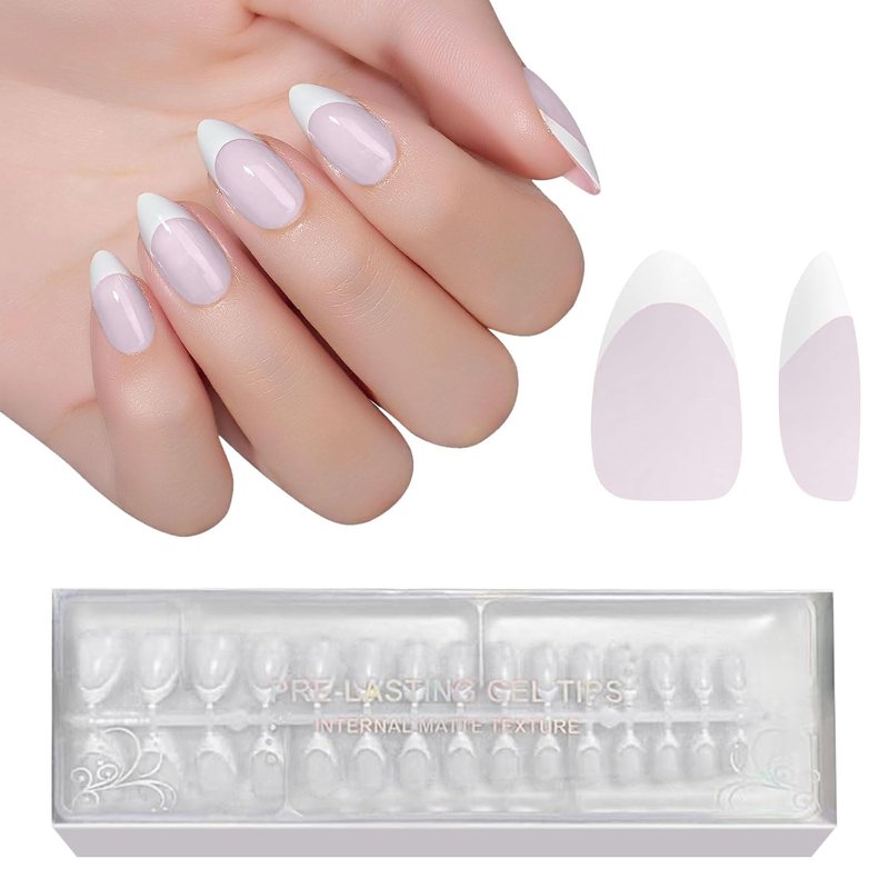 Jsiallye French Tip Press-On Nails - 240 Pcs Milky White Short Almond Gel Tips | Pre-Applied Primer & Top Coat
